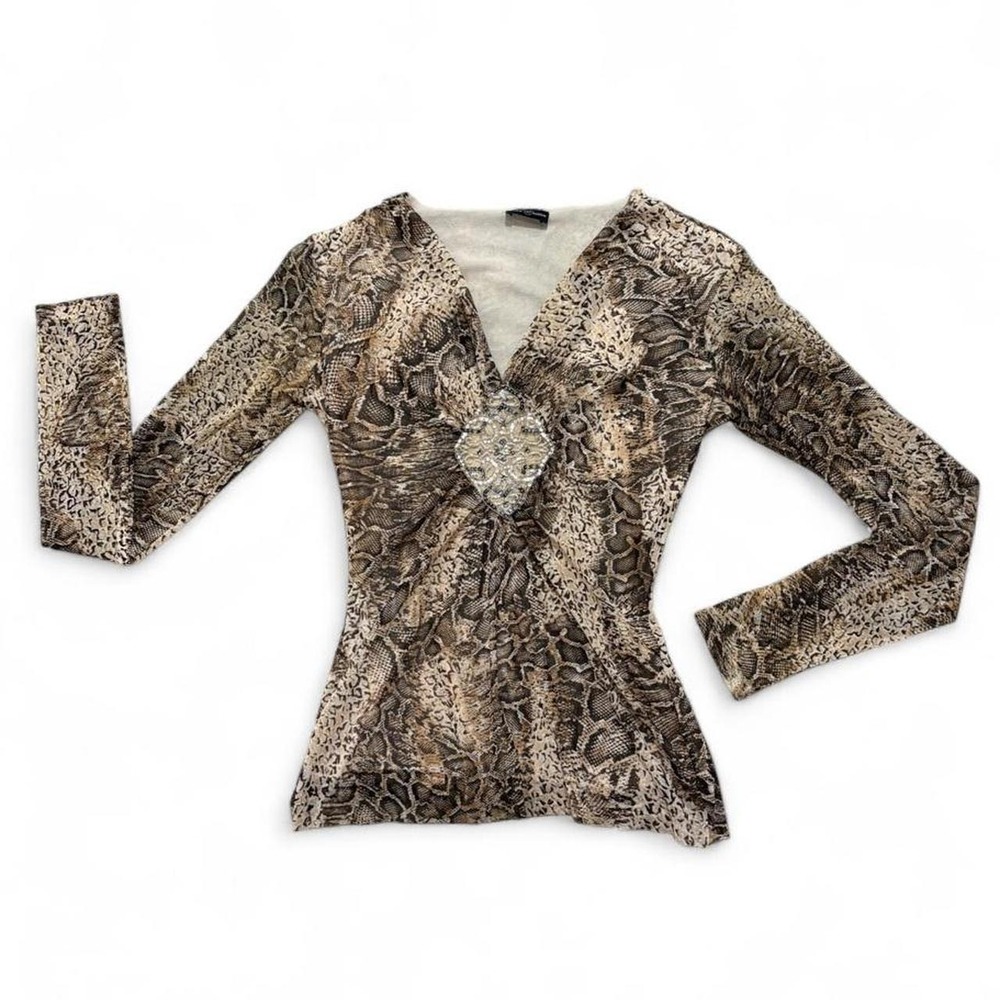 Vtg Y2K Snake print Blouse Kay Celine Rhinestone Whimsygoth Long Sleeve size M